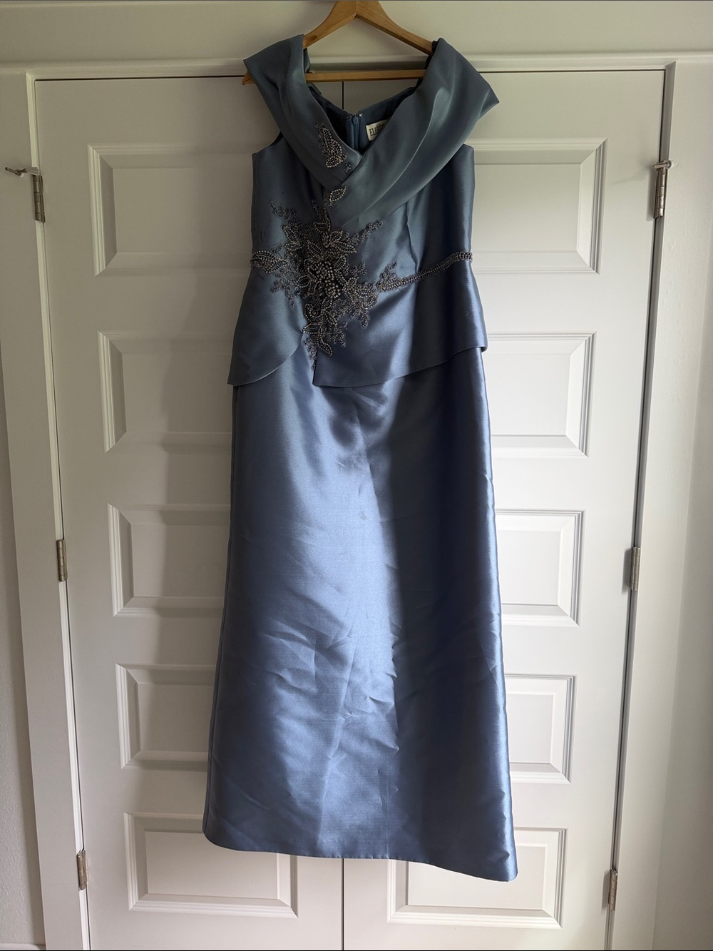 Eleni Elias Custom Dusty Blue Embroidered Maxi Dress with Draped Scarf Collar